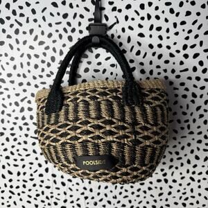 Poolside Mini Woven Basket Tote Black Natural Top Handle Beach Bag
